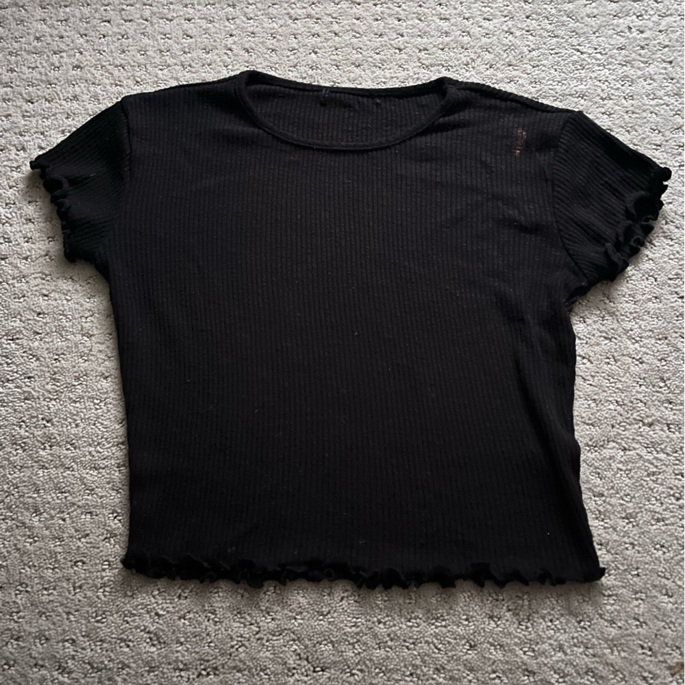 Black fitted tee w/ some bleach spots.